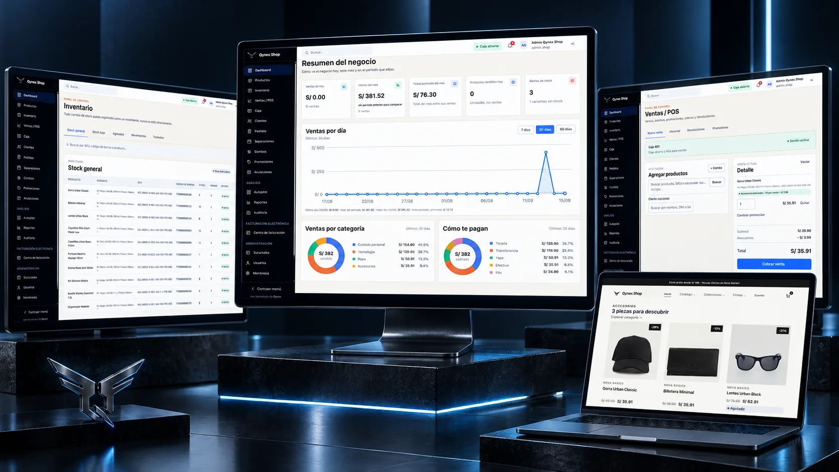 Qynex Shop en pantallas de inventario, resumen del negocio, punto de venta y tienda online